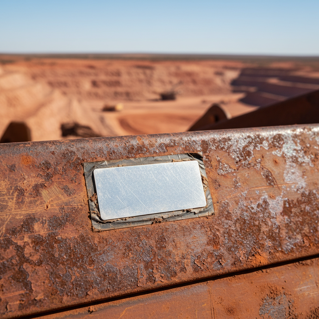 Close-up of a durable, metallic asset tag firmly adhered to a weathered mining machine in an dusty, outdoor Australian mine site, demonstrating resilience against extreme conditions.
