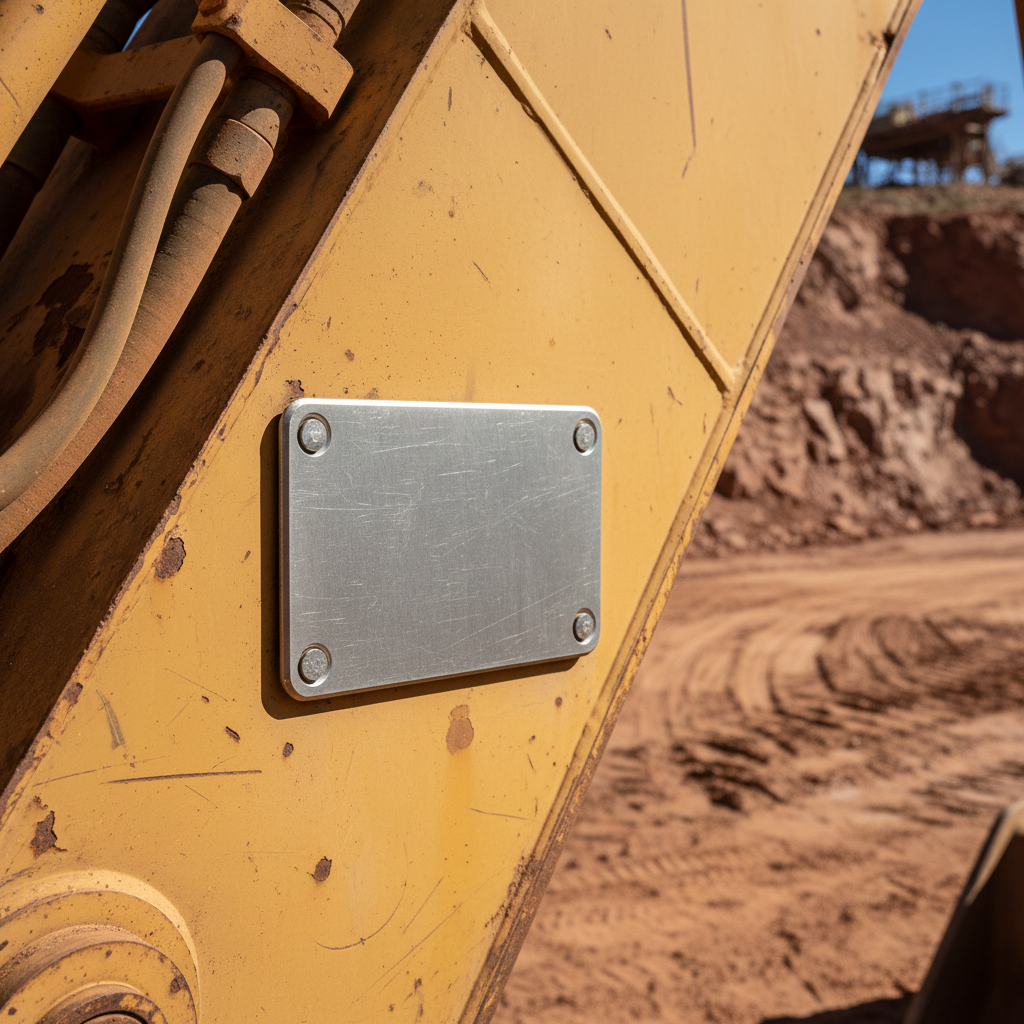 Close-up of a durable industrial asset tag securely adhered to a piece of heavy mining machinery, showing a gritty, dusty, and slightly wet environment in the background.