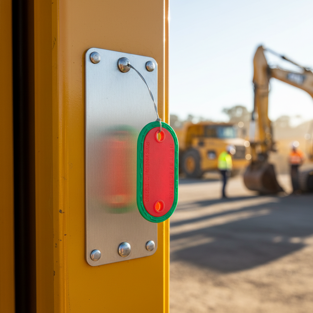 Close-up of a well-maintained industrial rated-load tag clearly attached to heavy machinery, with an inspection tag visible nearby. The background is a bustling Australian construction site under a bright sky.
