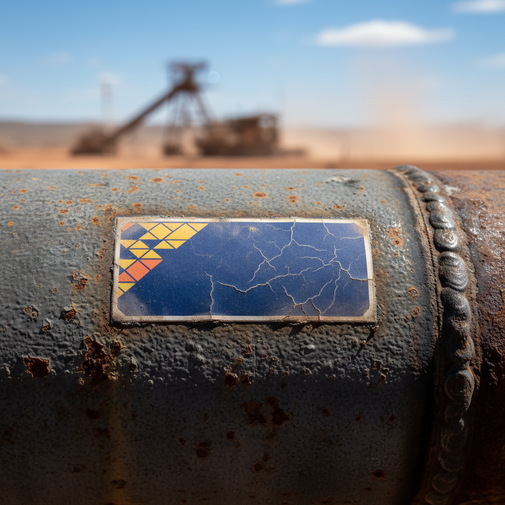 Close-up of a polyester asset label on a metal pipe, showing slight fading on one side due to direct sunlight, with a bright Australian outdoor industrial setting in the blurred background.