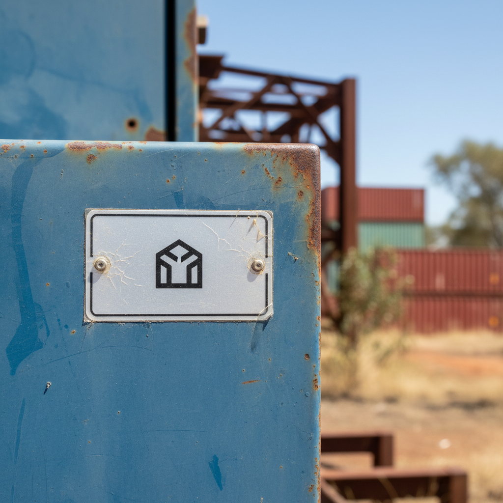 Close-up of a weathered, sun-bleached polyester asset label on a metal asset in an outdoor industrial setting, showing slight fading but still legible, with strong Australian sunlight hitting it.