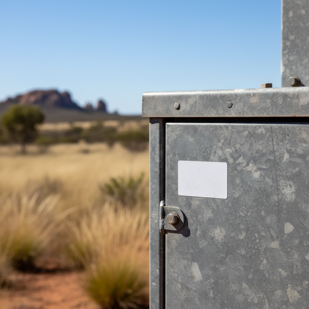 Close-up of a white polyester asset label with black text adhered to a metal utility box under bright Australian sunlight, showing slight wear but still legible. Desert-like foliage in the blurred background.