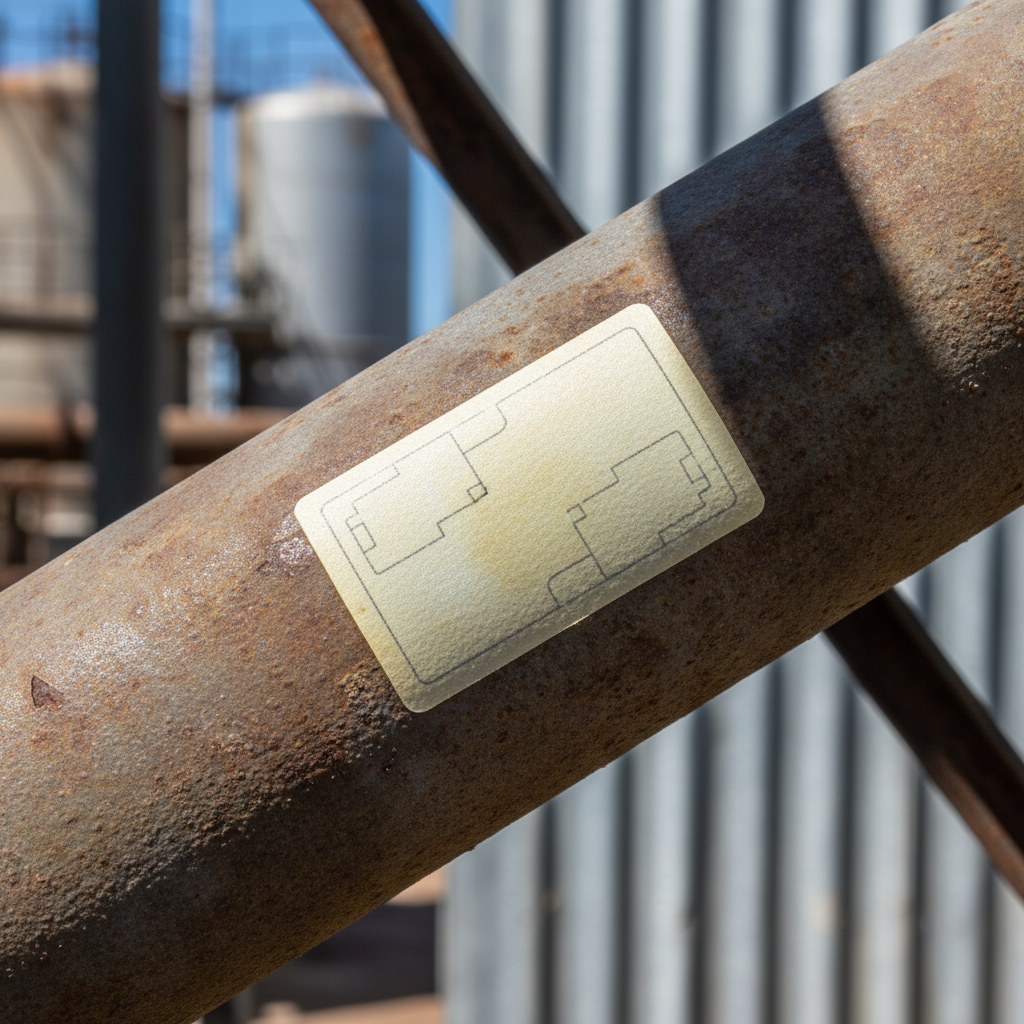 Close-up of a sun-bleached polyester asset label on a metal pipe, showing slight fading but still legible, with strong Australian sunlight creating harsh shadows in a dusty outdoor industrial setting.