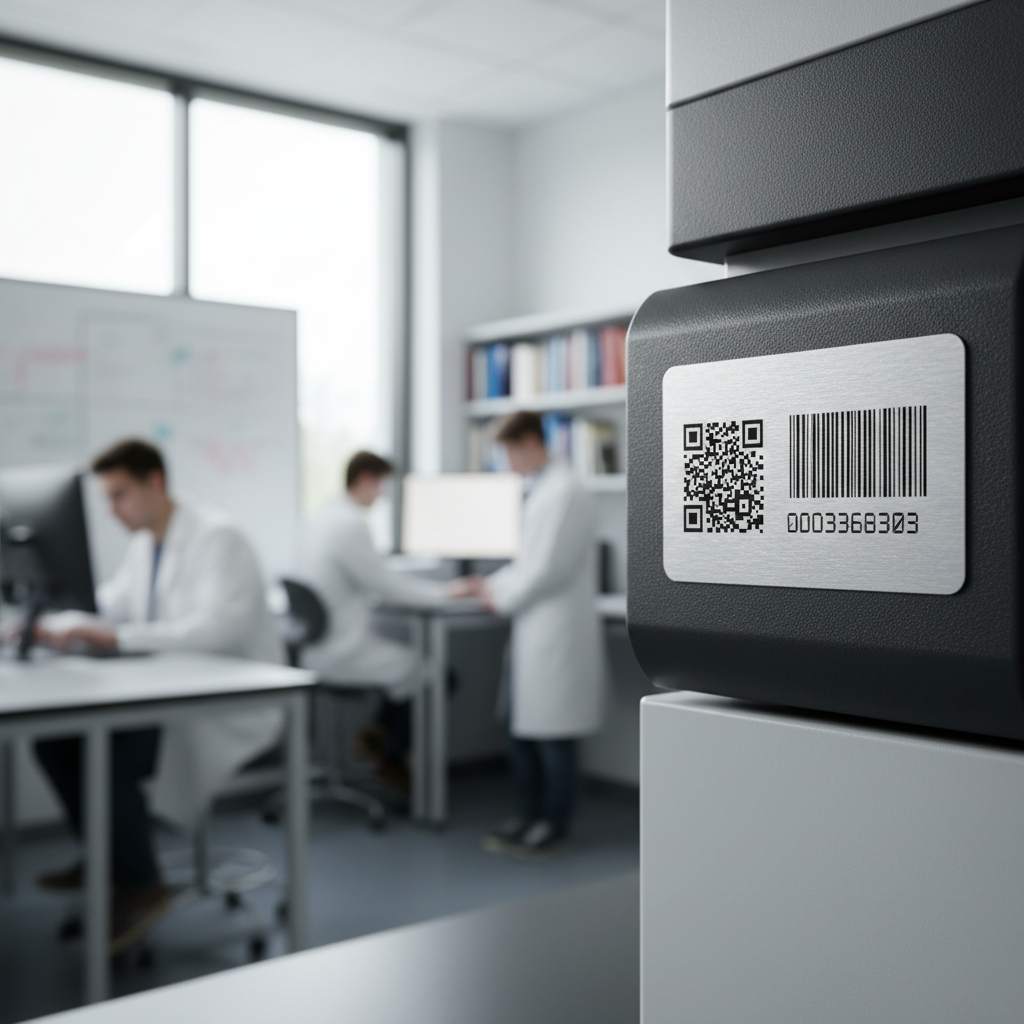 Close-up of a durable asset label on a piece of laboratory equipment, with school or university environment blurred in the background, showcasing an asset tag with a QR code and serial number.