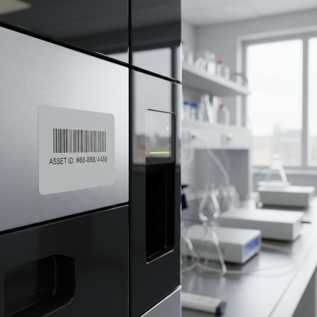 Close-up of a durable industrial asset label with a barcode attached to scientific lab equipment, such as a microscope or spectrometer, in a well-lit university laboratory setting.