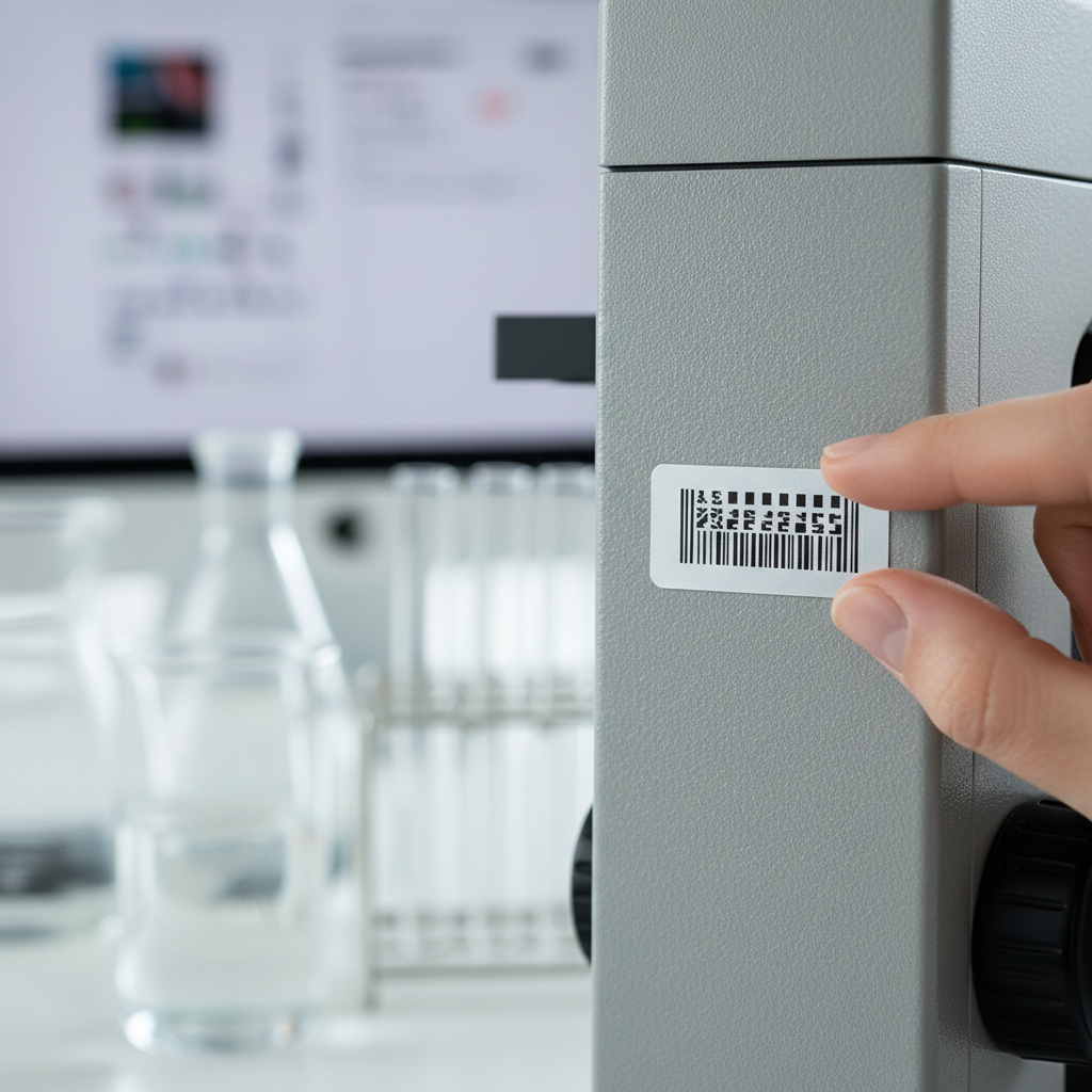 Close-up of a hand applying a durable, silver asset label with a barcode and serial number to the side of a scientific laboratory microscope. The background shows blurred classroom or lab equipment.
