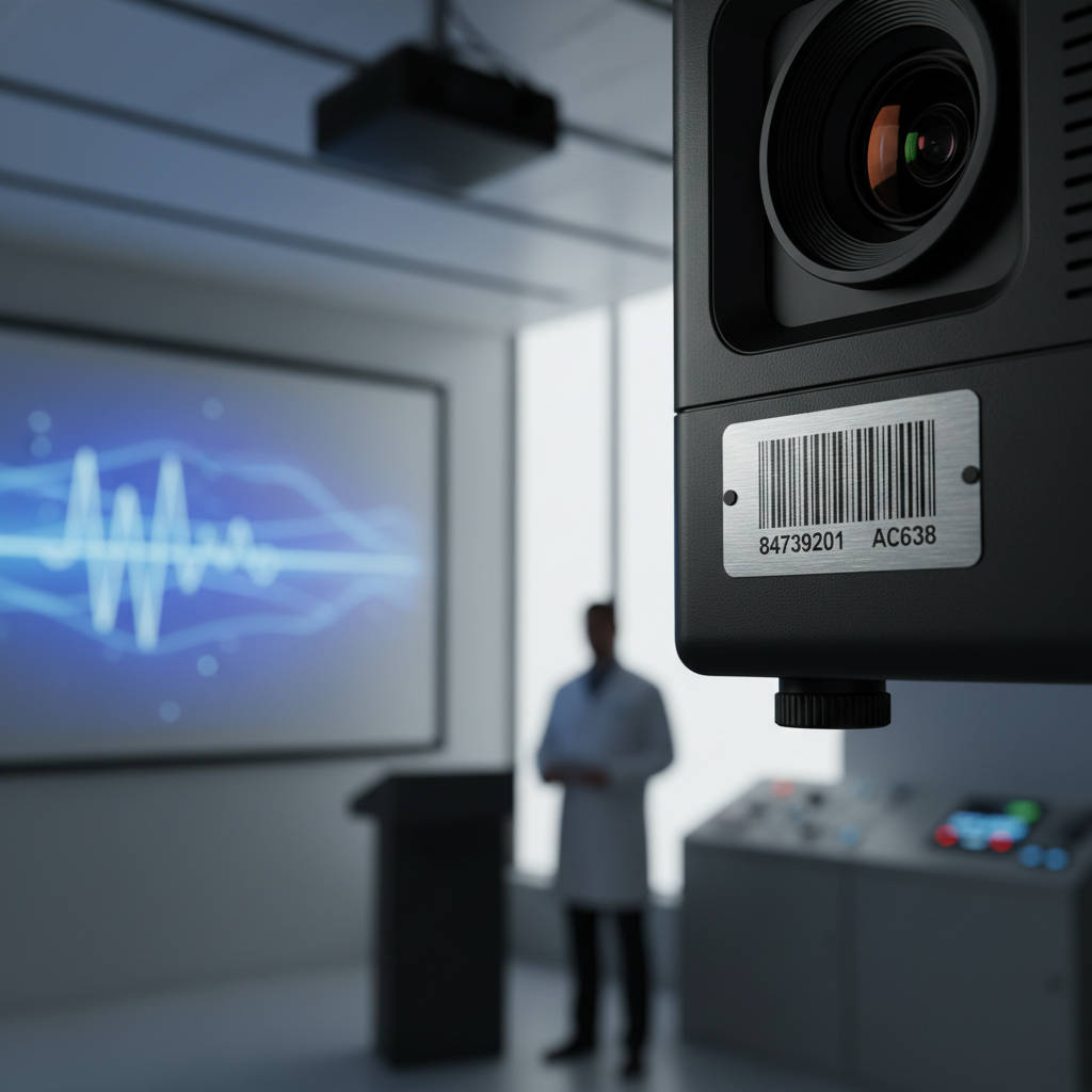 Close-up of a durable industrial asset label with a barcode and serial number attached to the side of a silver projector in a university lecture hall. A blurred background shows students and lab equipment.