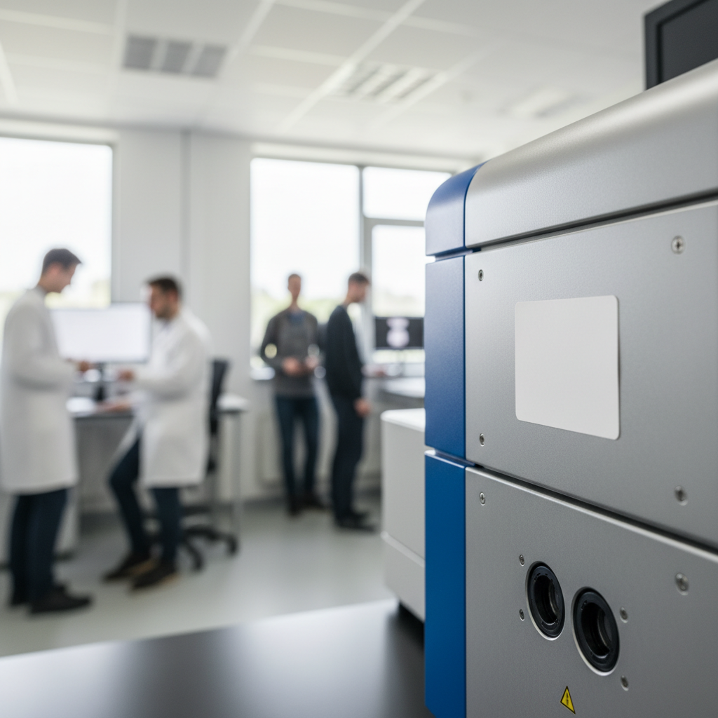 Close-up of a durable industrial asset label adhered to a piece of laboratory equipment, like a microscope or a sophisticated audio-visual device in a school or university setting, with Australian students or staff blurred in the background.