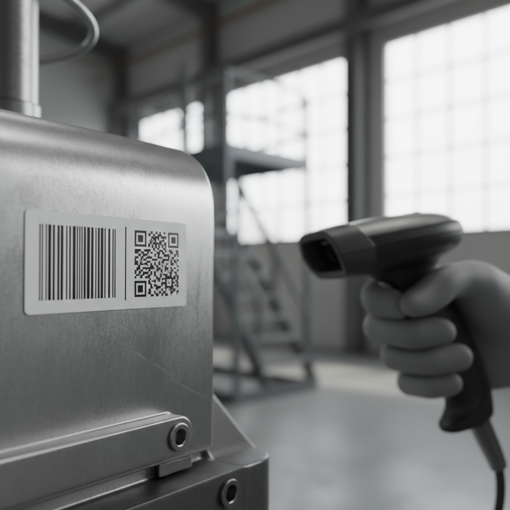 Close-up of a small industrial asset label on a piece of machinery, showing a blurred QR code and a crisp Code 128 barcode side-by-side, with a hand holding a barcode scanner in the background.