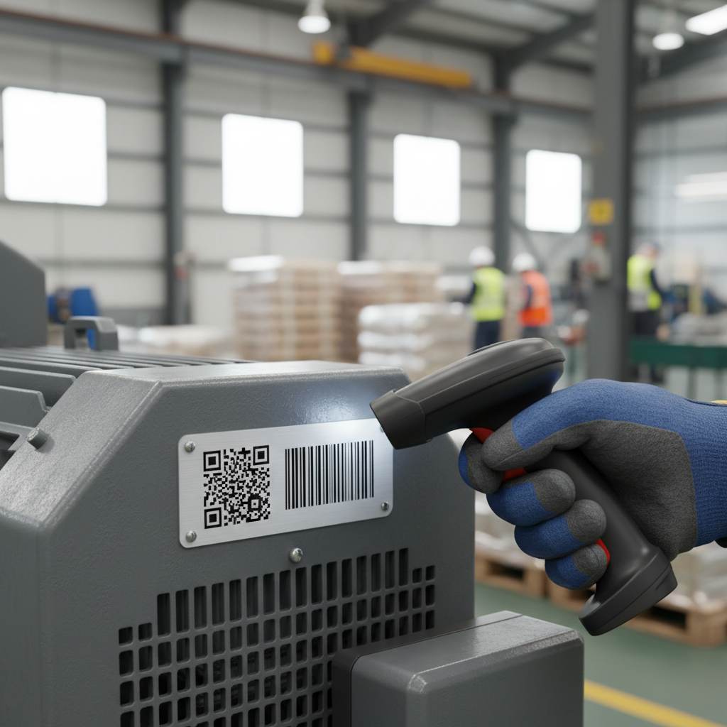 Close-up of a small industrial asset label with both a QR code and a Code 128 barcode, against a blurred background of a busy factory floor. A hand is holding a barcode scanner pointing at the label.