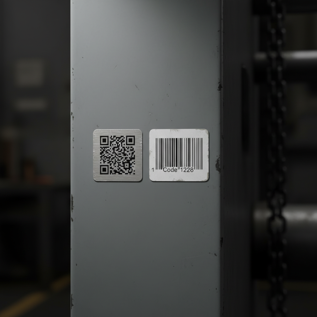 Close-up of small industrial asset labels on equipment, one with a QR code and another with a Code 128 barcode, highlighted by a subtle spotlight, showing detailed texture and readability.