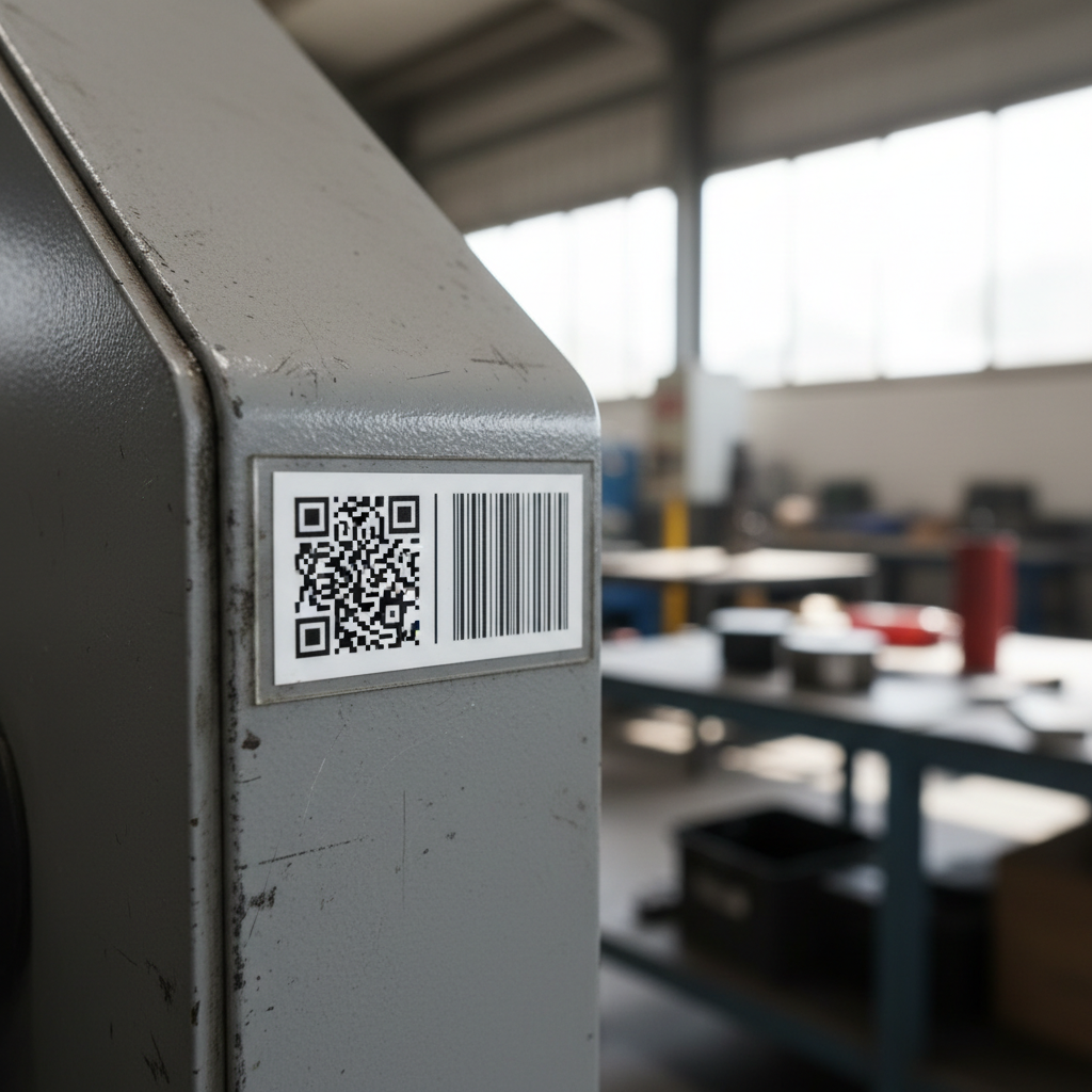 A close-up, sharp photo showing a small, durable industrial asset label adhered to a piece of machinery. One side of the label features a crisp, clear QR code, while the other side displays a well-defined Code 128 barcode. The background is a slightly blurred industrial environment, like a factory floor or workshop, with Australian sunlight filtering in. The image highlights the small size of the label relative to the asset, with both barcode types clearly visible and ready for scanning. No text present on the label or in the image.
