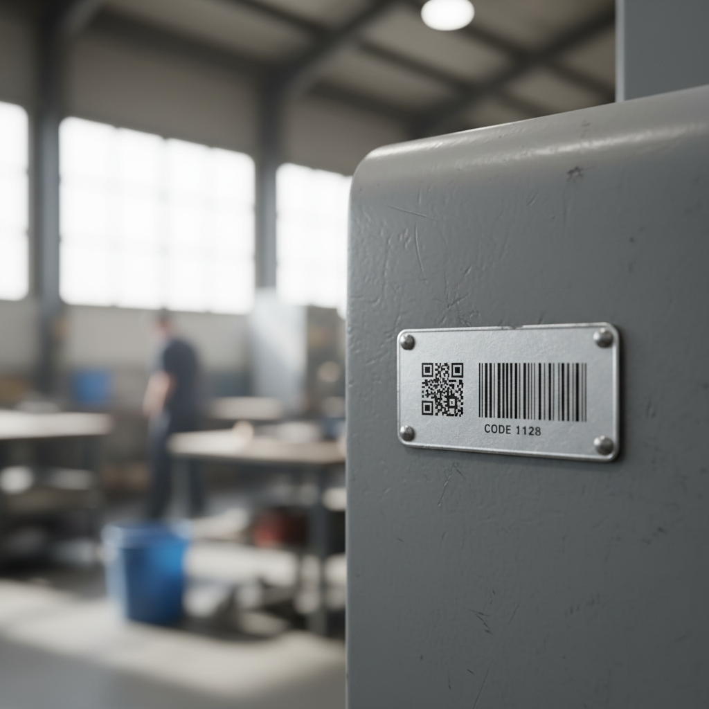 Close-up of a small, durable industrial asset label showing both a QR code and a Code 128 barcode on a piece of machinery, with a blurred industrial background.