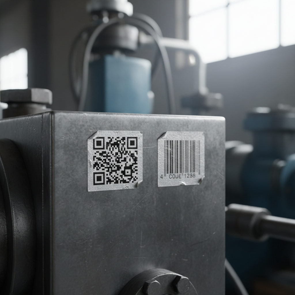 Close-up photo of a small industrial asset label on a piece of machinery, showing both a QR code and a Code 128 barcode side-by-side. The labels are durable and slightly weathered, indicating an industrial environment.