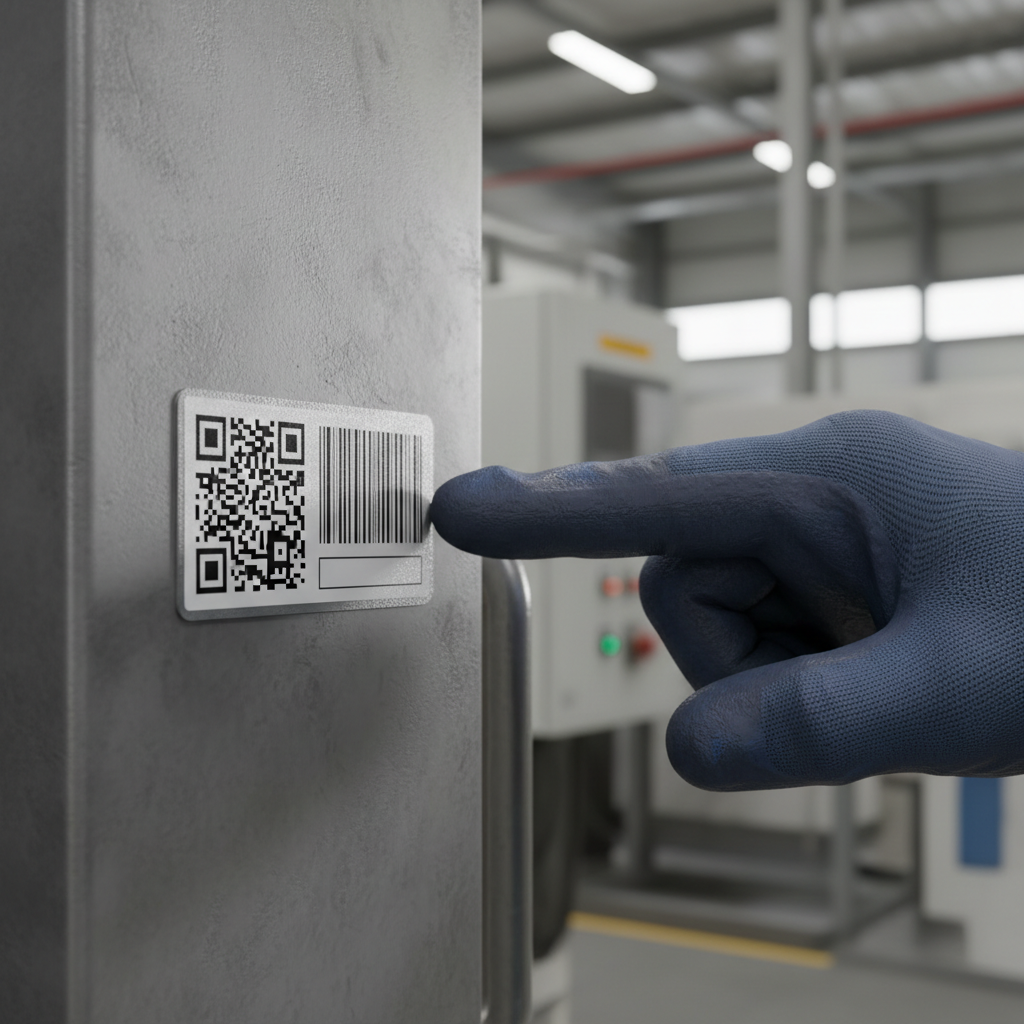 Close-up of a small industrial asset label on a machine, with a QR code and a Code 128 barcode side-by-side, partially obscured by a finger pointing.