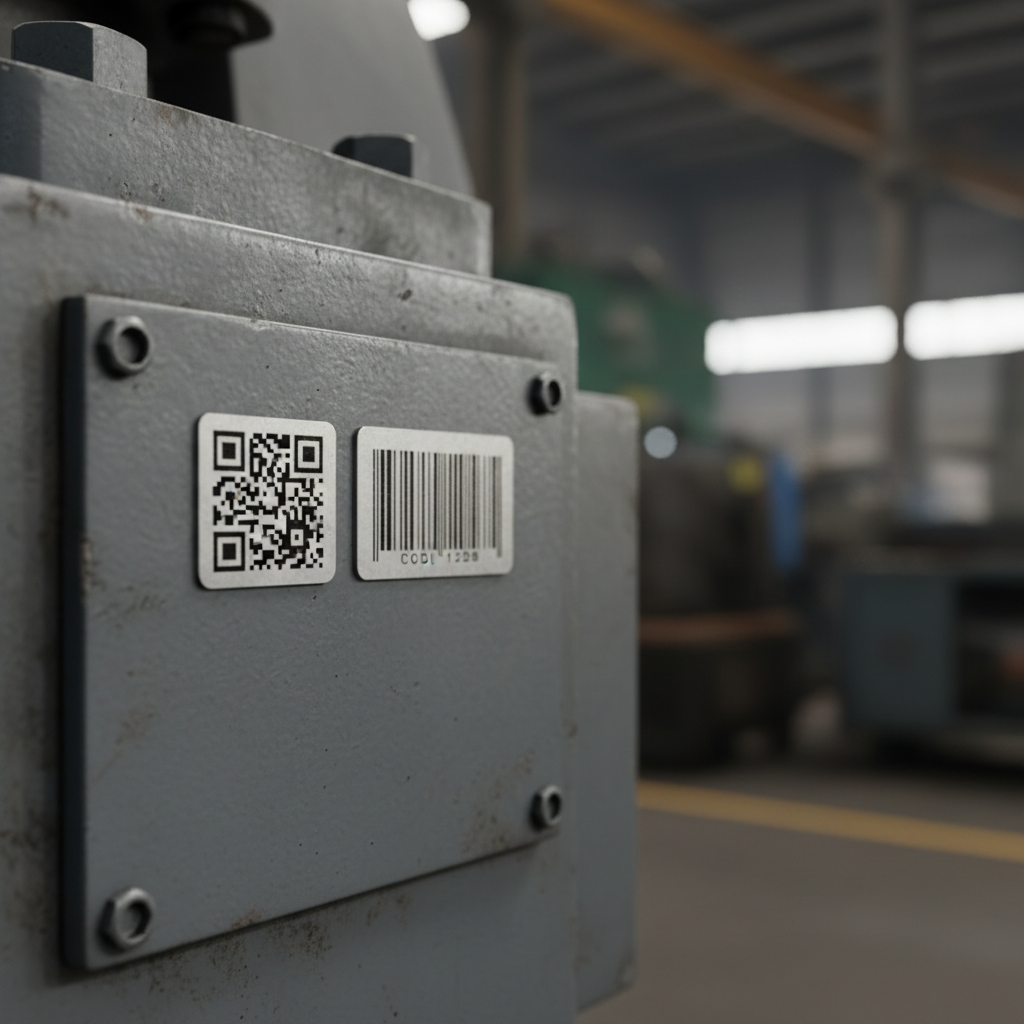 Close-up of a small industrial asset label showing a QR code next to a Code 128 barcode, both clearly visible on a piece of machinery in a dimly lit factory.