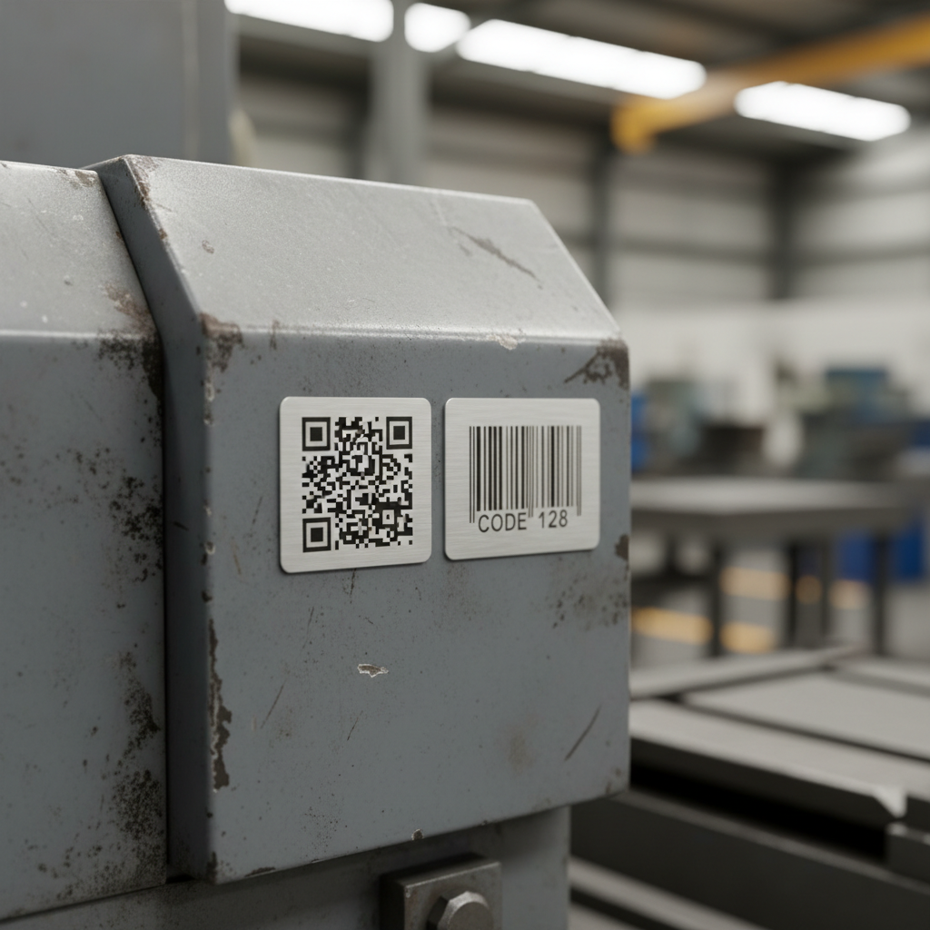 Close-up of a tiny metal asset tag with a QR code next to another with a Code 128 barcode, both clearly legible on a worn industrial machine in an Australian factory.