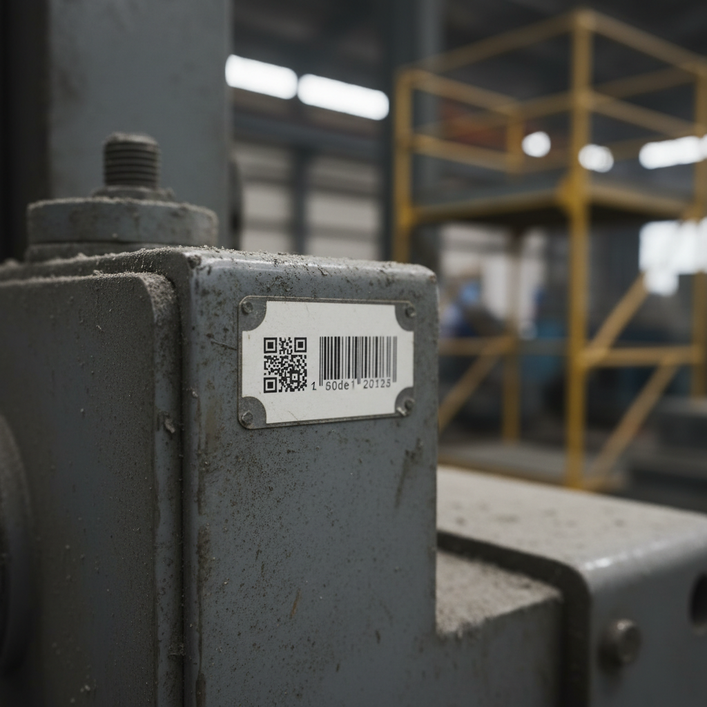 Close-up of a small industrial asset label on a piece of machinery, with a QR code and a Code 128 barcode side-by-side, partially worn but still scannable, in an Australian factory setting.