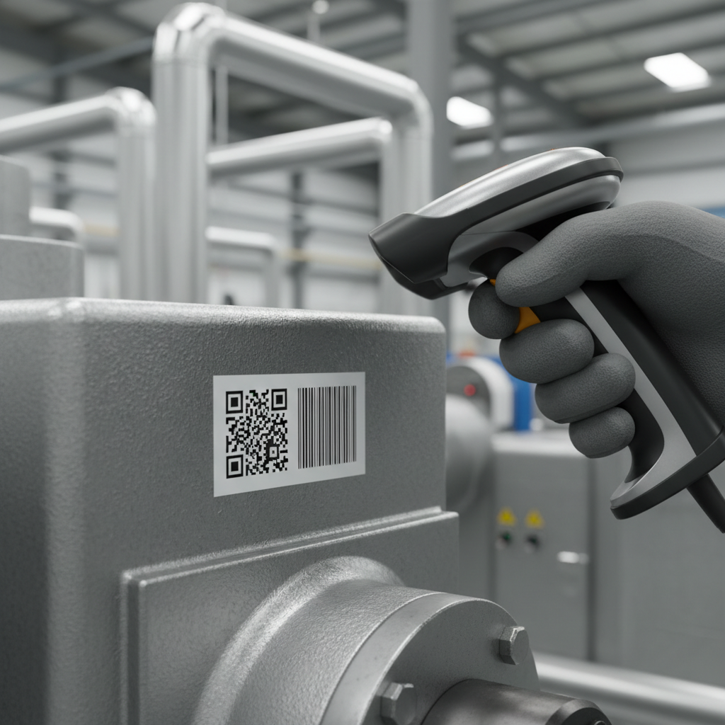 Close-up of a tiny industrial asset label with both a QR code and a Code 128 barcode, being scanned by a gloved hand with a handheld scanner in a manufacturing facility.