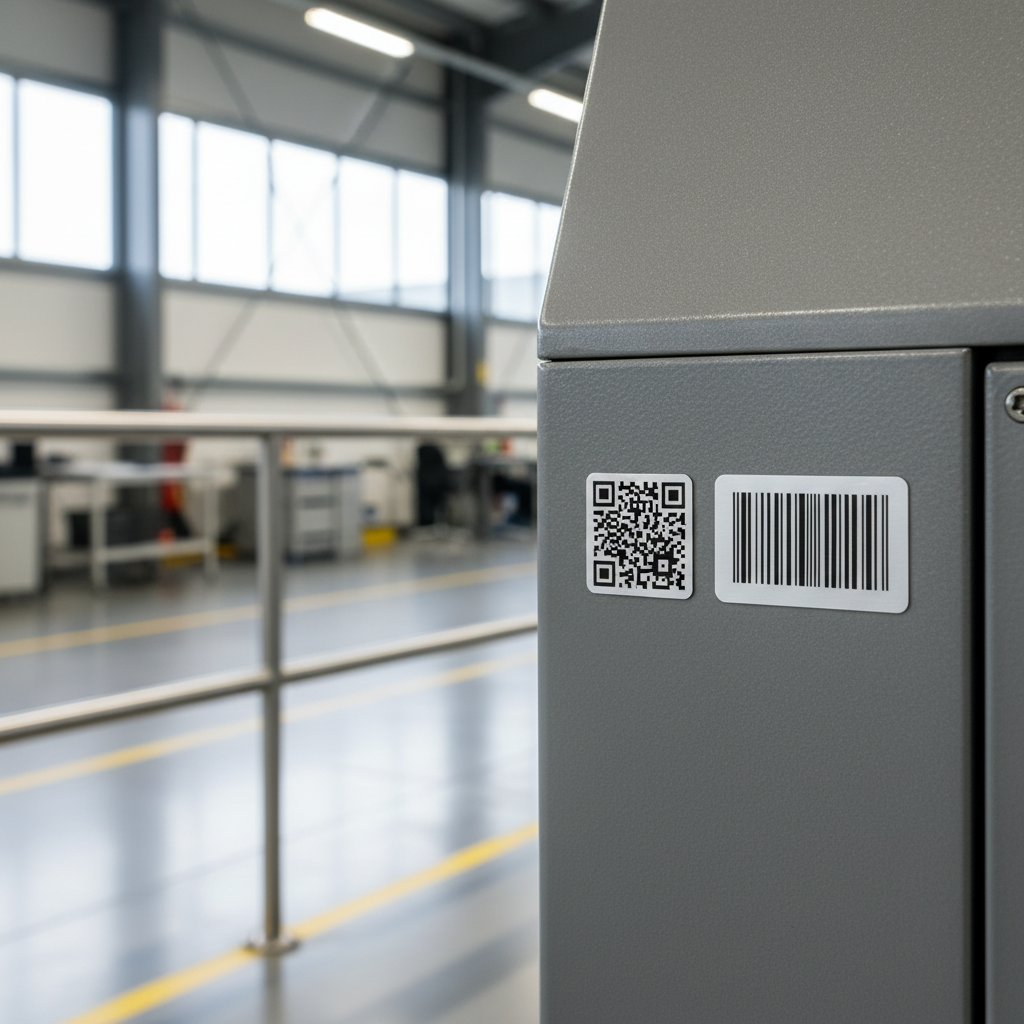 Close-up of a small industrial asset label with a QR code and a Code 128 barcode side-by-side on a piece of machinery in a well-lit Australian factory setting.