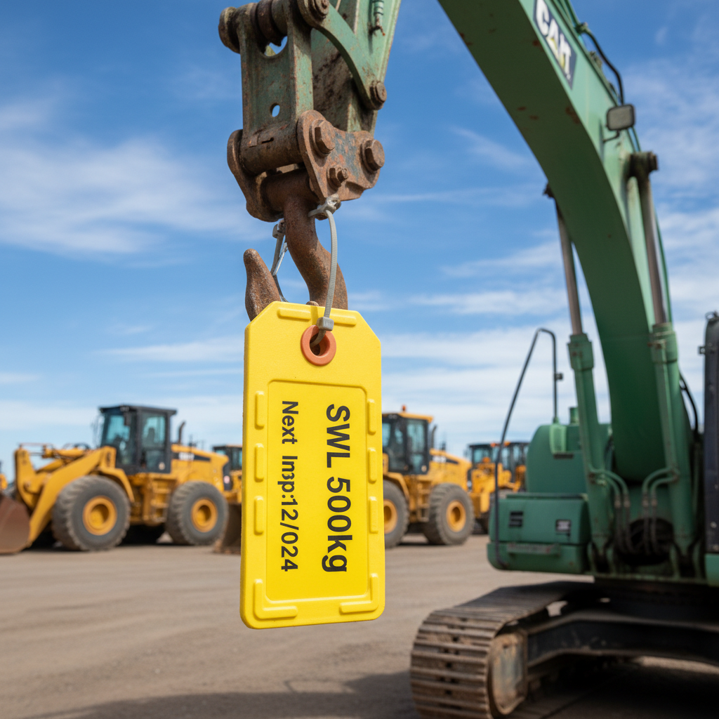 Close-up of a weather-resistant, yellow rated-load tag clearly affixed to a piece of heavy construction equipment, with an out-of-focus background of a plant hire yard.