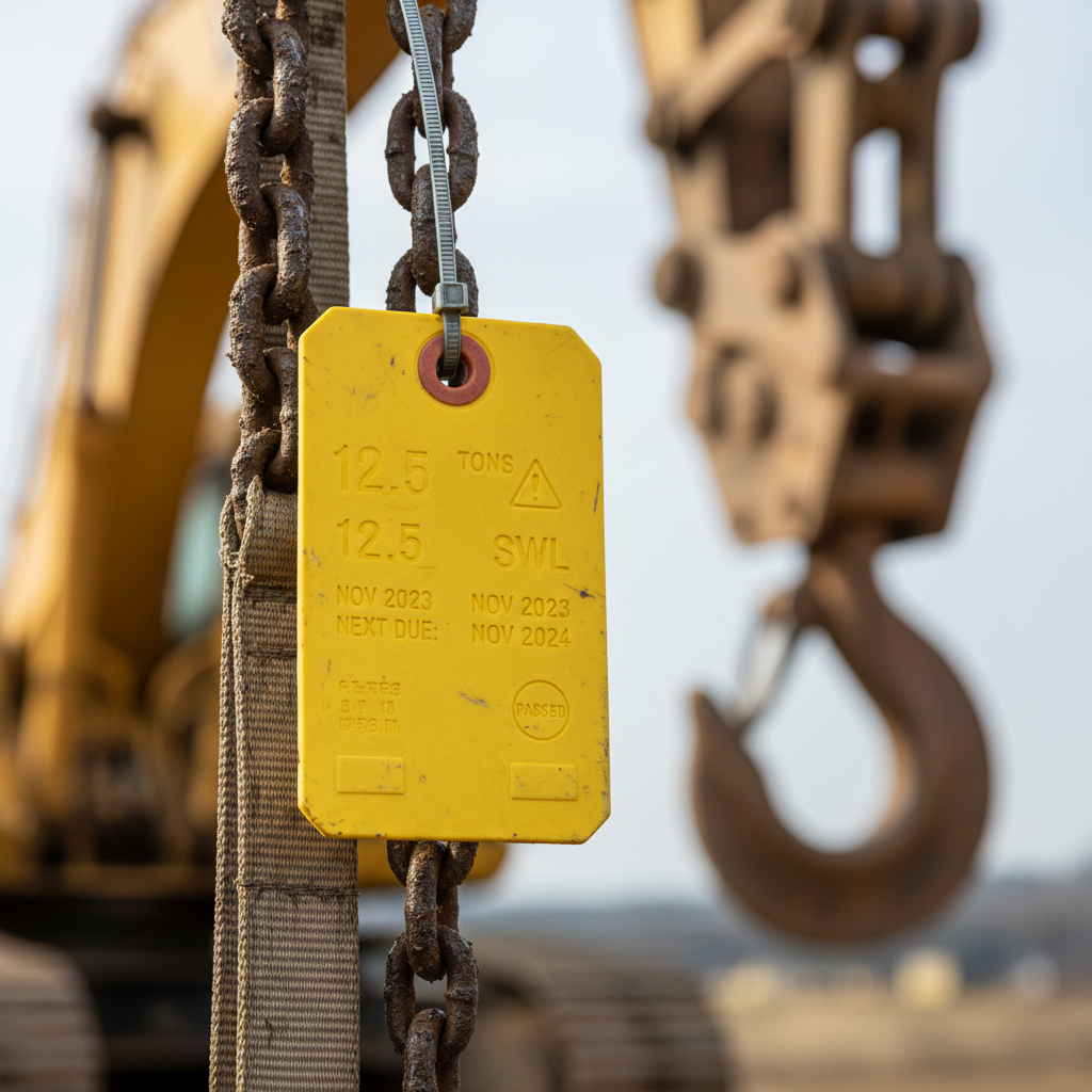 Close-up of a yellow rated-load tag attached to a large chain on heavy plant equipment, with safety checks written on it, in focus. In the background a construction site is blurred.