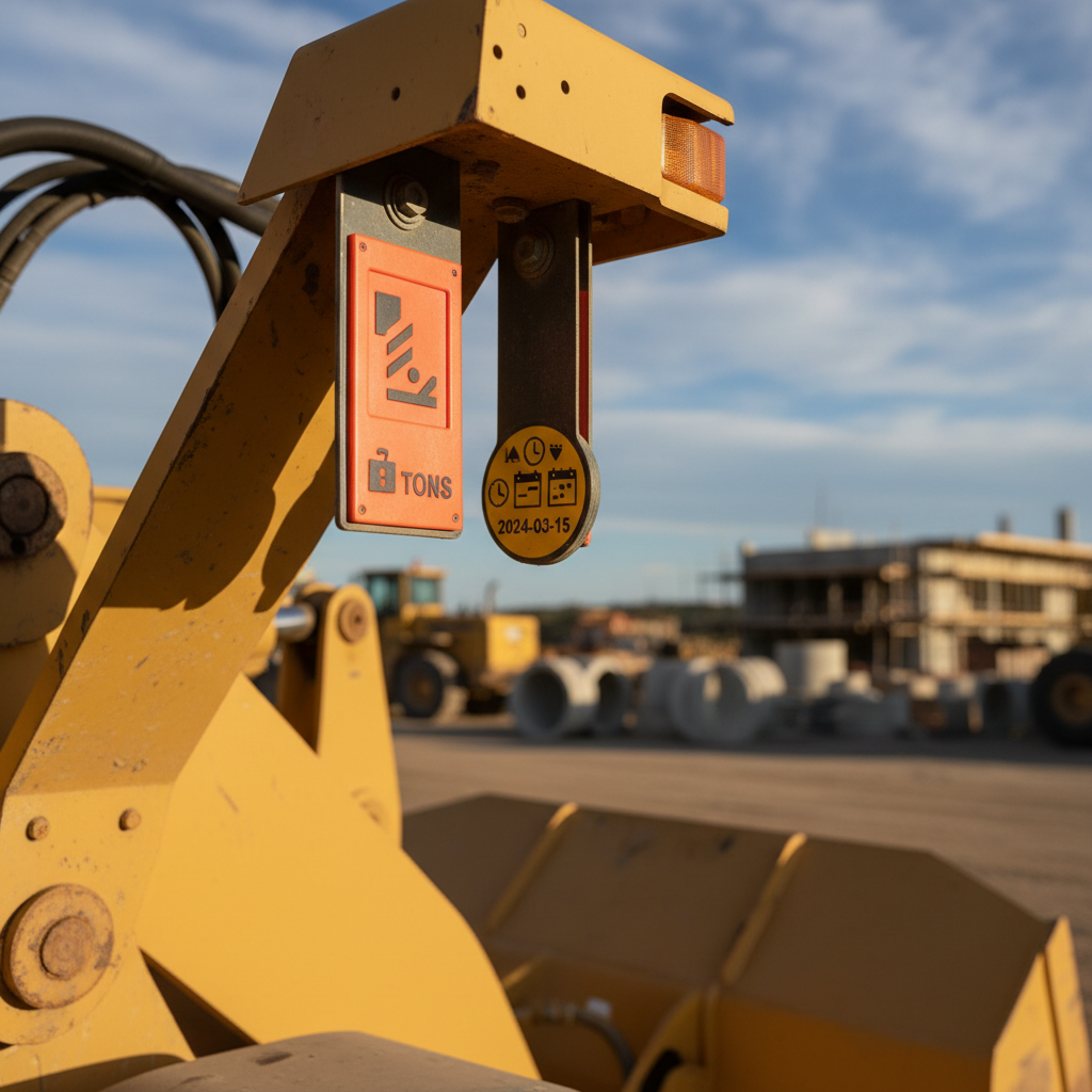 Close-up of a well-maintained piece of industrial plant equipment, possibly a forklift or excavator, with clearly visible, brightly coloured, durable rated-load and inspection tags attached to its frame. The tags show legible text and symbols. The background is a bustling but organised industrial site under a clear Australian sky, slightly blurred to keep focus on the tags and equipment.