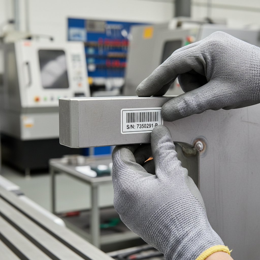 Close-up of a hand applying a durable, serialised barcode label to a piece of industrial machinery in a clean, well-lit factory environment, with other assets blurred in the background.