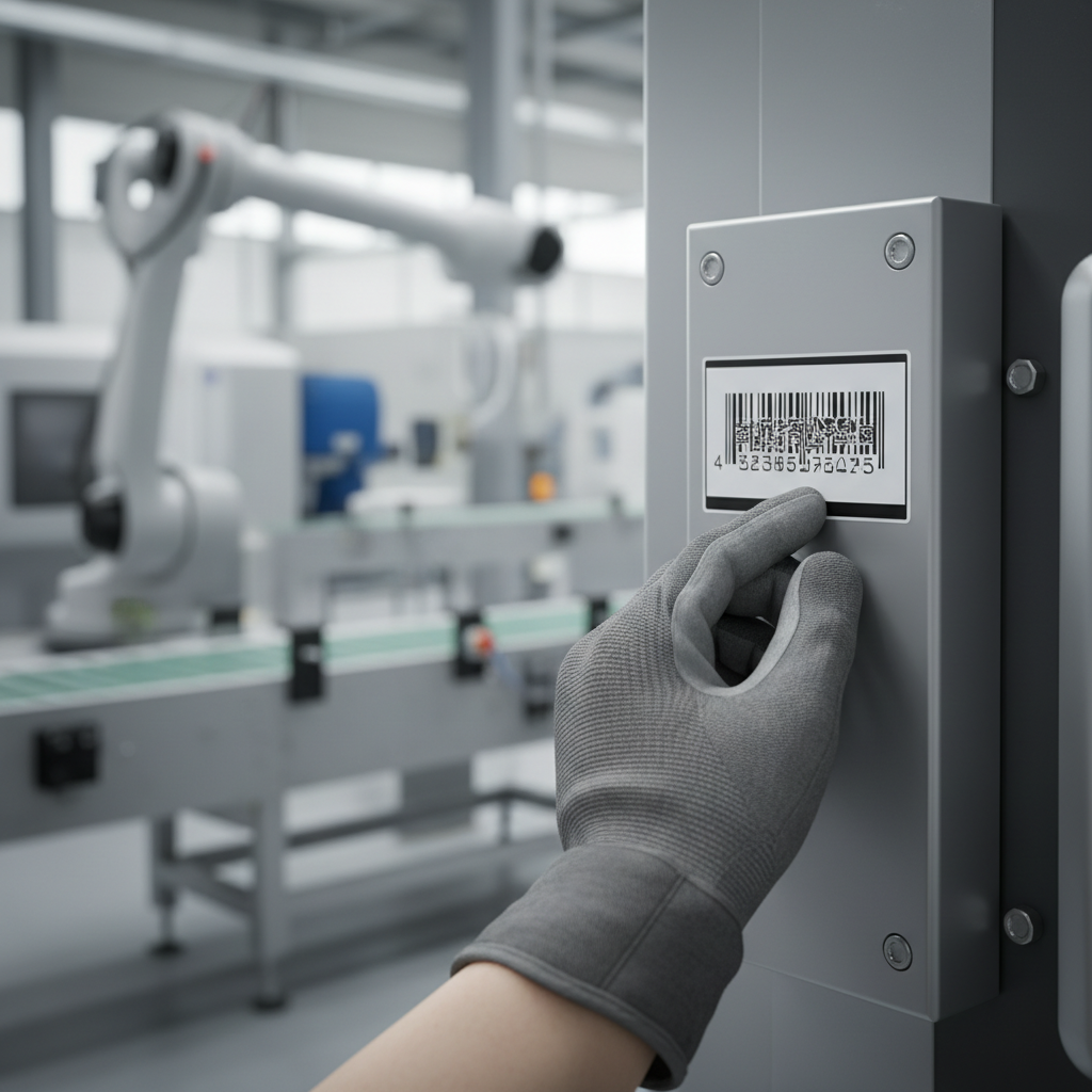 Close-up of a hand applying a durable, serialised barcode label to an industrial machine in a factory setting, with other assets blurred in the background.