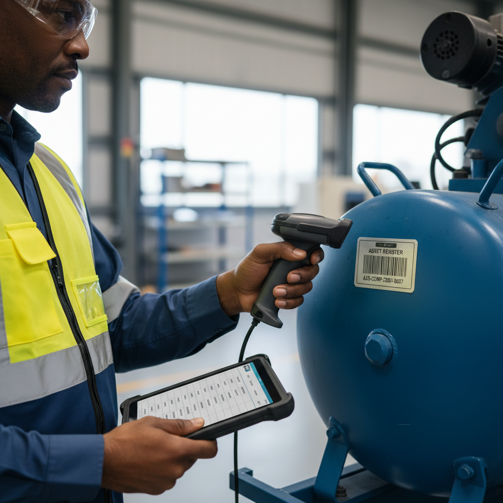 Close-up of an Australian facilities manager scanning a serialised barcode label on a piece of industrial machinery in a clean, well-lit factory environment, with a tablet displaying asset information.