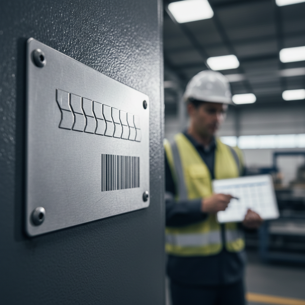 Close-up of a high-durability serialised asset label securely attached to industrial machinery in a factory setting, with blurred machinery and a fixed asset register spreadsheet on a tablet in the background.