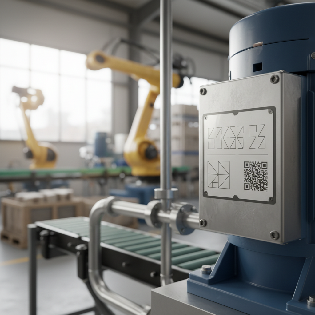 Close-up of a durable, serialised asset label securely attached to a piece of industrial machinery in a clean, modern Australian factory environment, with a blurry background of equipment.