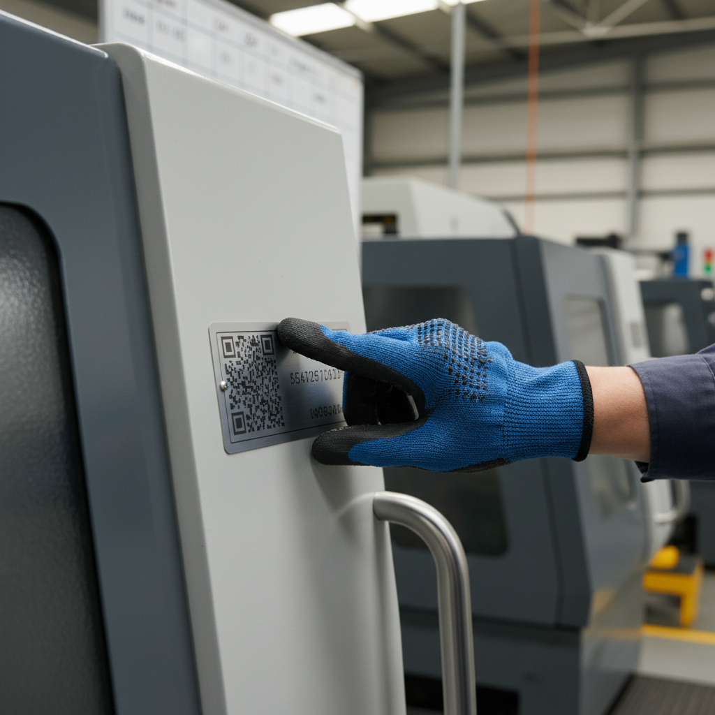 Close-up of a hand placing a durable, laser-etched serialised asset label with a barcode onto an industrial machine in a manufacturing facility, blurred background with other machinery and a whiteboard showing asset numbers.