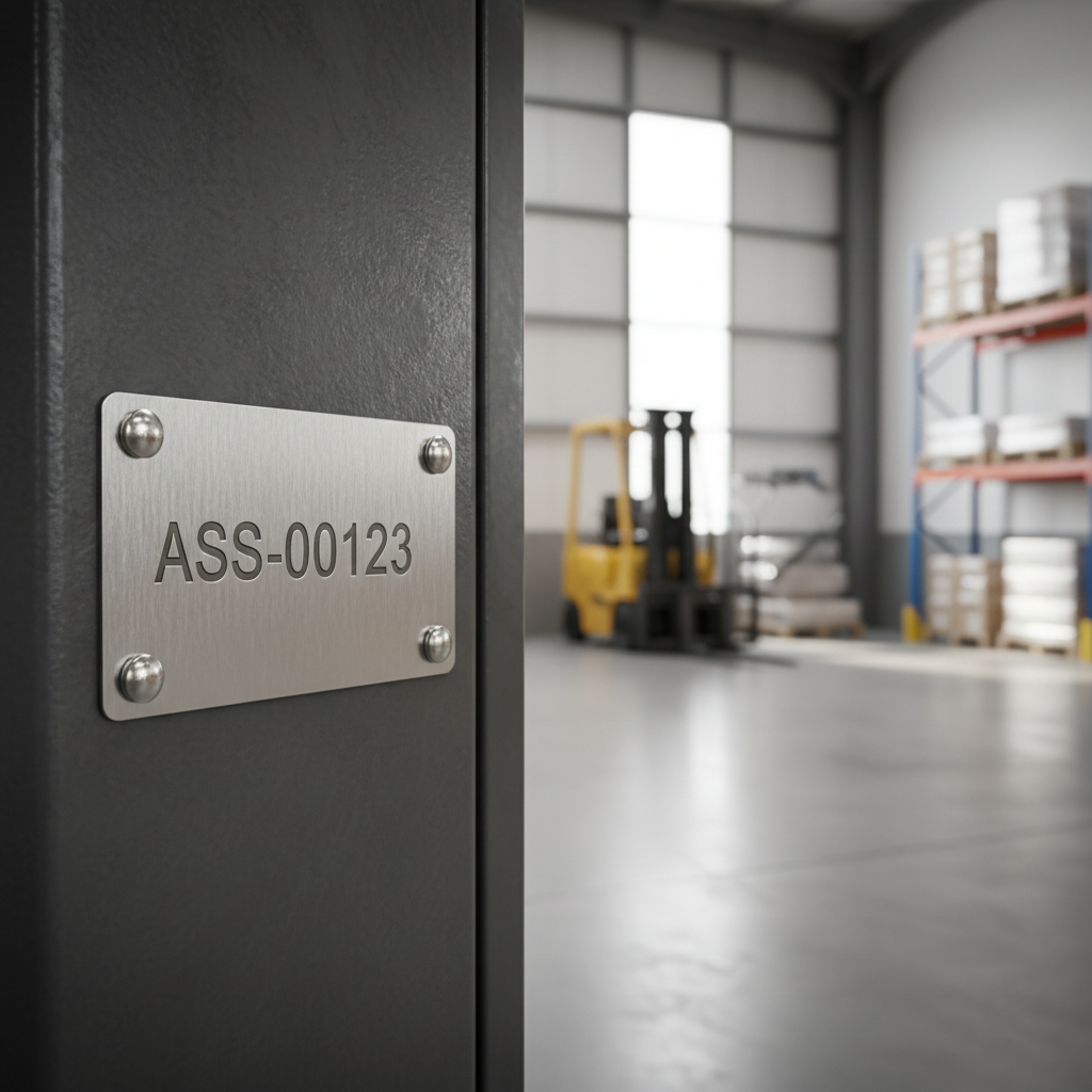 Close-up of a sturdy metal asset tag with a clearly engraved serial number affixed to an industrial machine in a clean, modern Australian warehouse setting.