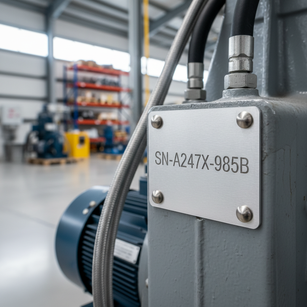 Close-up of a sturdy, silver serial-numbered metal tag securely riveted to a piece of industrial machinery, with a blurred factory floor in the background, showing precision and durability.