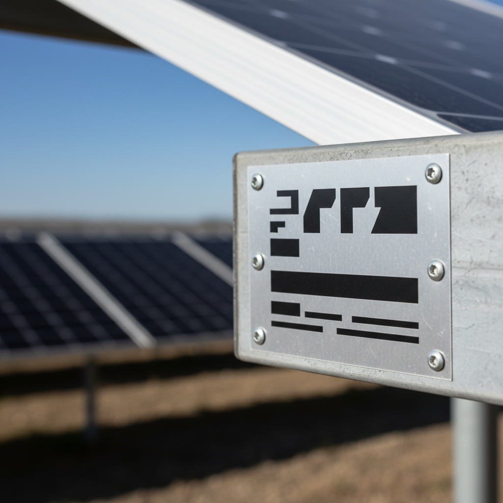 Close-up of a high-quality, durable aluminium label clearly fixed to a solar panel mounting frame, with rows of solar panels extending into the distance under a bright Australian sun.