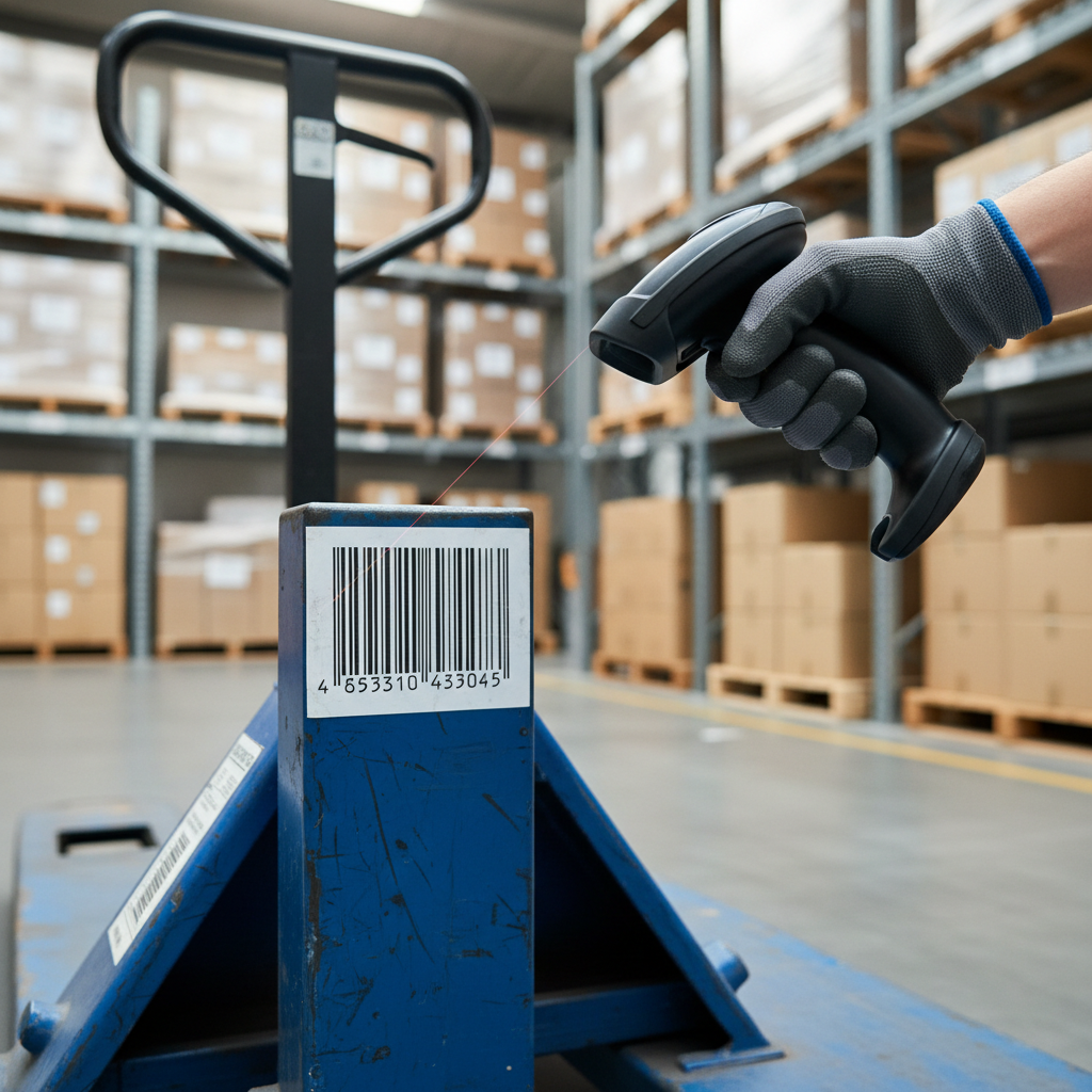 Photorealistic image of a barcode label being scanned on a piece of warehouse equipment, like a pallet jack, in a modern, well-lit Australian warehouse environment. Focus on the label and scanner.