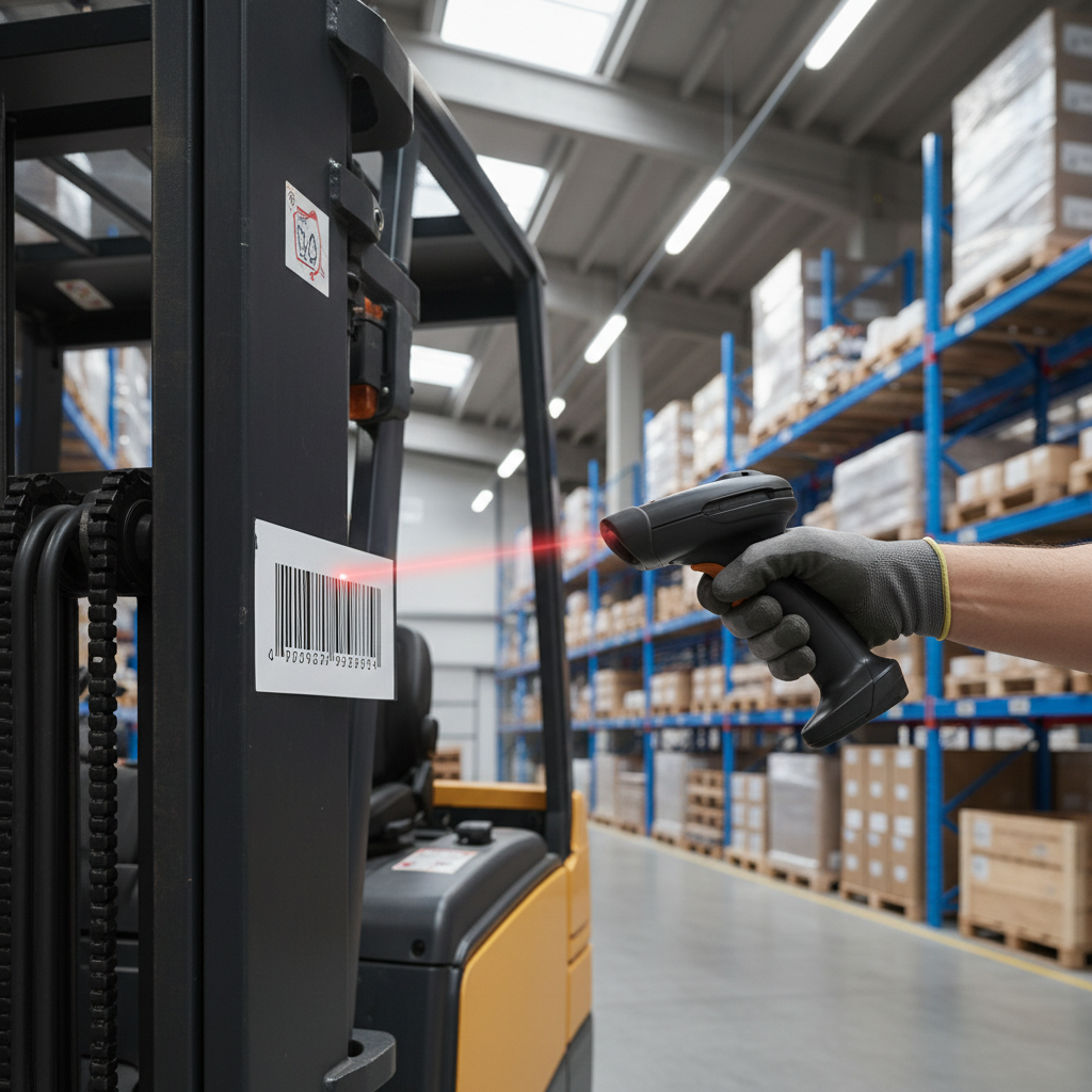 Close-up of a worker's hand scanning a durable, high-contrast barcoded asset label attached to a heavy-duty piece of warehouse equipment, like a forklift or pallet jack, in a well-lit industrial warehouse setting. The background shows stacks of inventory.