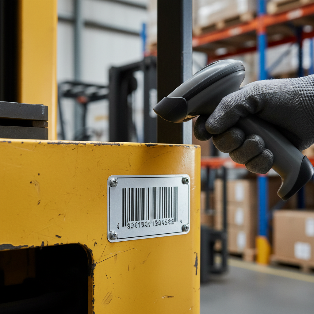 Close-up of a worker scanning a durable barcoded asset label attached to a piece of industrial warehouse equipment, with other machinery blurred in the background.