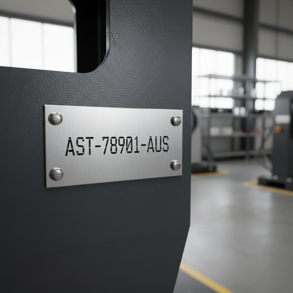 Close-up of a laser-etched stainless steel asset tag with a clear serial number, attached to industrial machinery in a clean, well-lit factory environment. The tag is riveted securely to a dark grey metal panel.