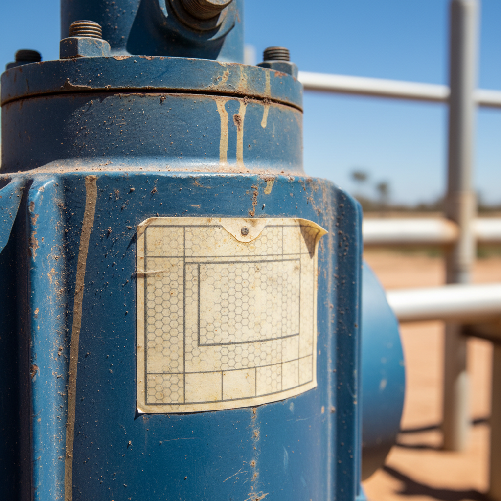 Close-up of a weather-beaten polyester asset label on an outdoor industrial motor, with strong sunlight visible in the background, showing some fading but still legible.