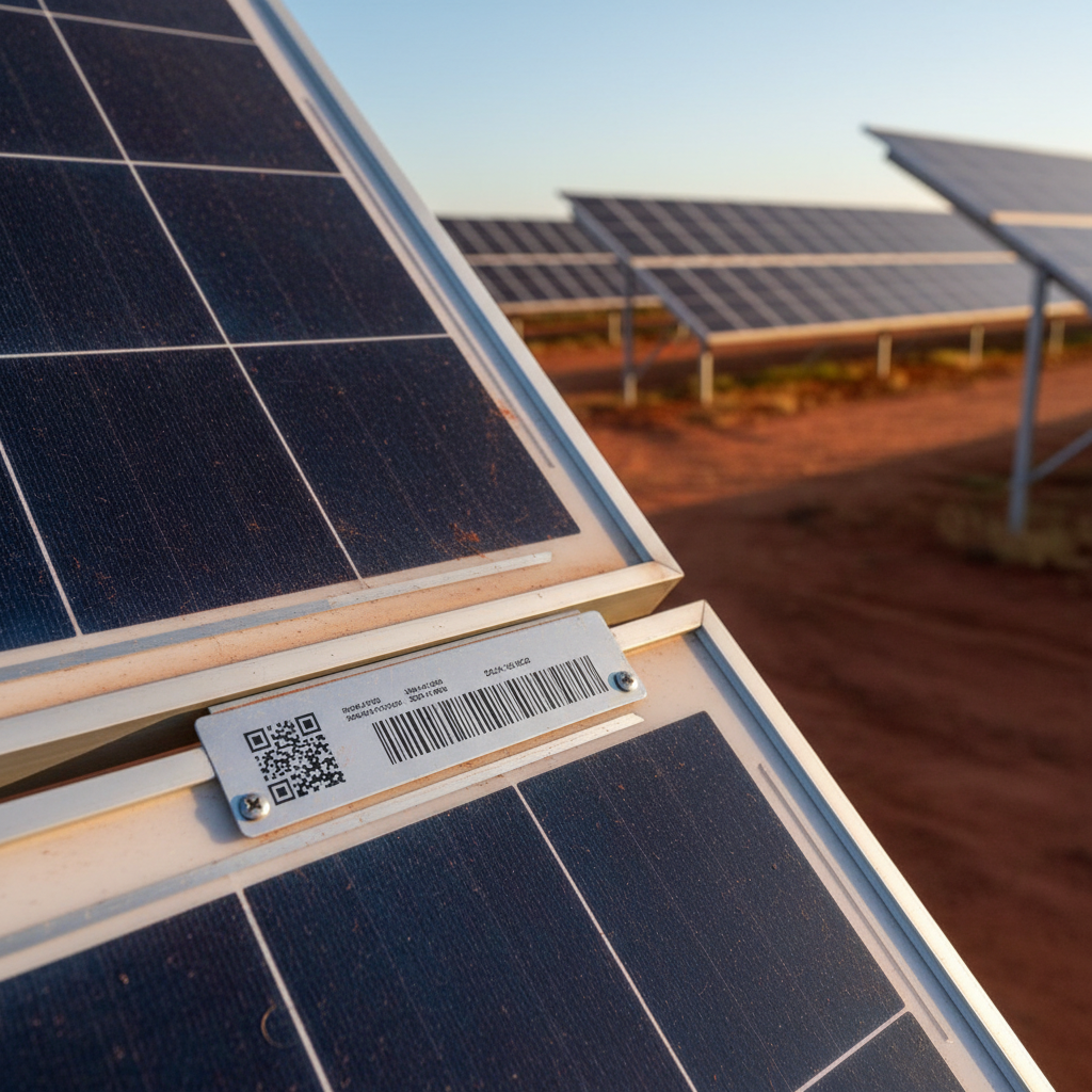 Close-up of a high-quality, weather-beaten aluminium asset label on a solar panel array in a bright, sunny Australian desert landscape, showing clear, crisp markings despite exposure.