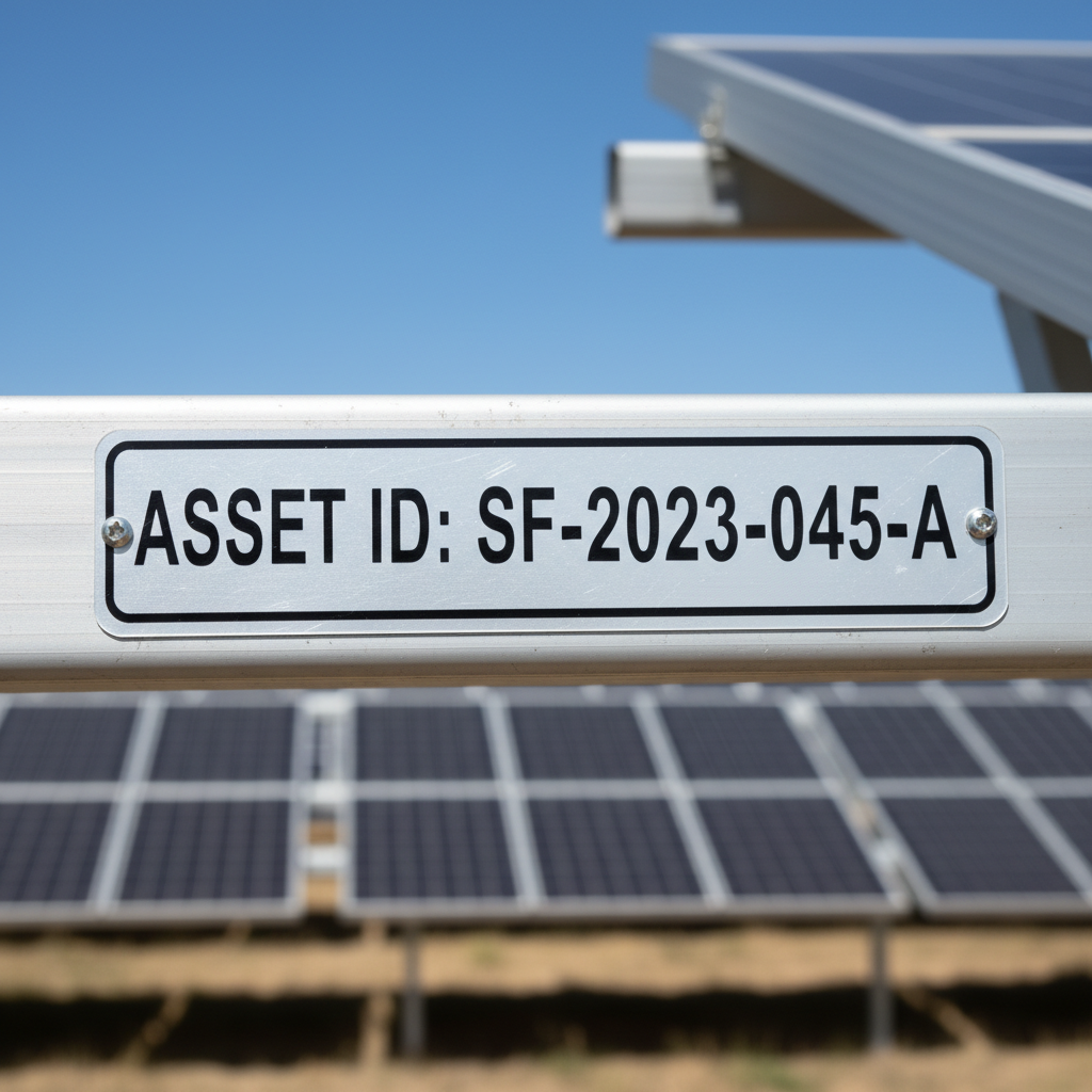 Close-up of a sturdy, silver aluminium label attached to a solar panel mounting frame, with clear, legible black text. The label is slightly weathered but fully intact, demonstrating durability under a bright Australian sun. In the background, rows of solar panels stretch into the distance under a clear blue sky.