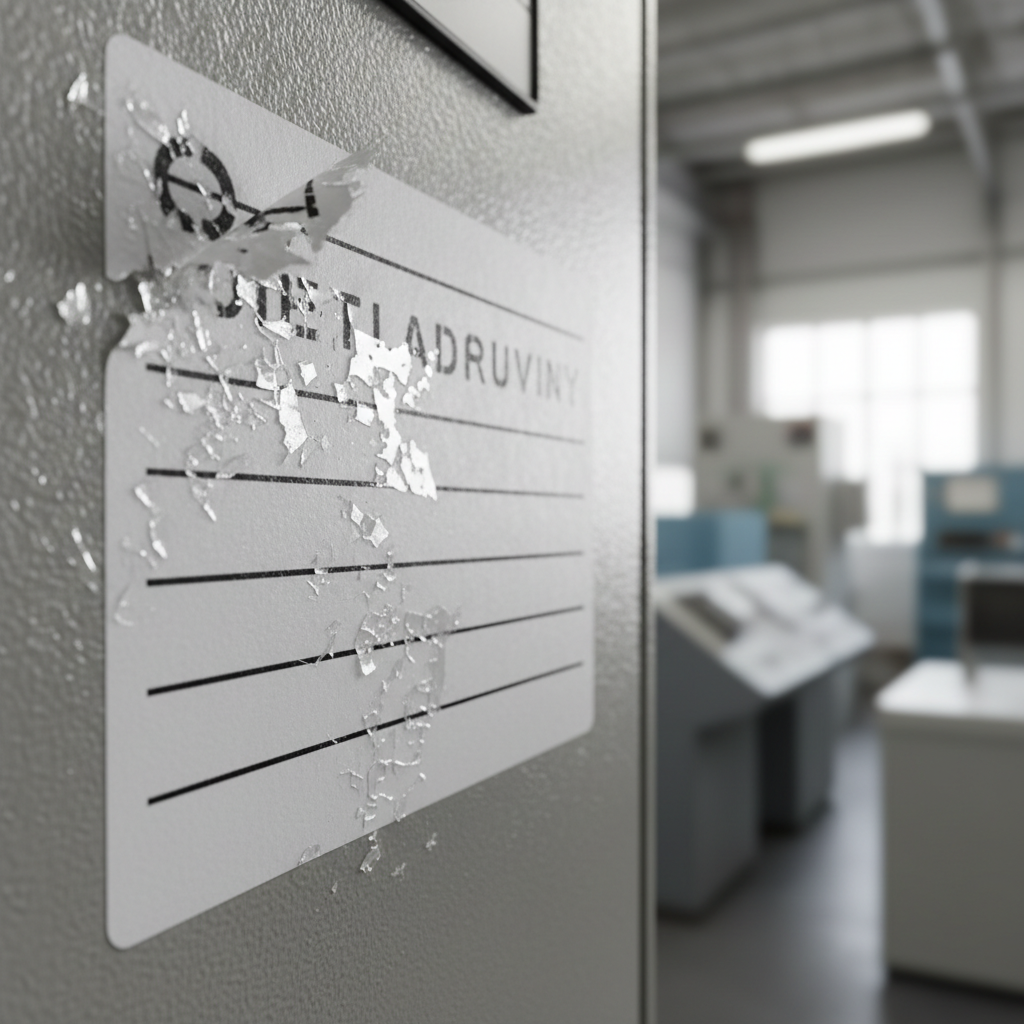 Close-up of a partially removed destructible vinyl label on industrial equipment, showing irregular, broken fragments where it was attempted to be peeled off.