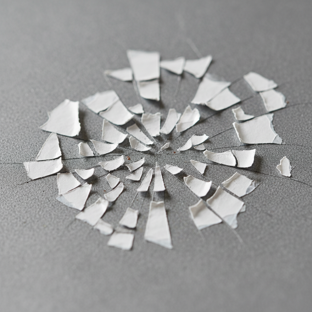 Close-up of a shattered, destructible vinyl security label applied to an industrial asset, showing the irreversible damage if tampered with.