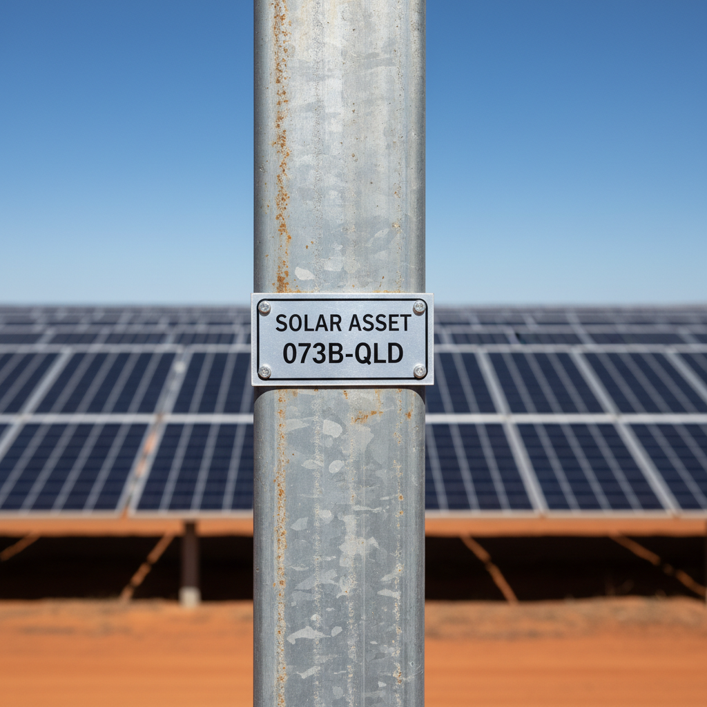 Close-up of a robust, silver aluminium asset label affixed to a metal post in a sunny solar farm. The label displays crisp black text, with solar panels visible in the slightly blurred background under a clear blue sky.