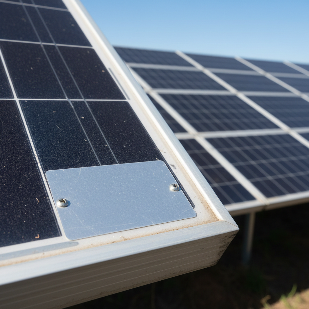 Close-up of a sturdy aluminium label securely attached to a solar panel mounting frame in a large, sunny Australian solar farm. The label shows clear, legible text and a barcode despite the bright sunlight.